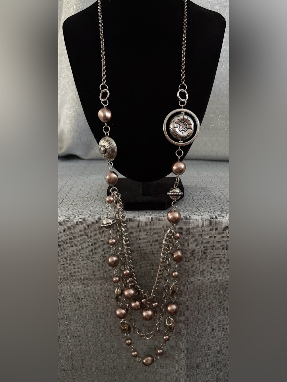 Silver-Tone Multi-Strand Necklace with Taupe Pearl Beads - Jane Stone